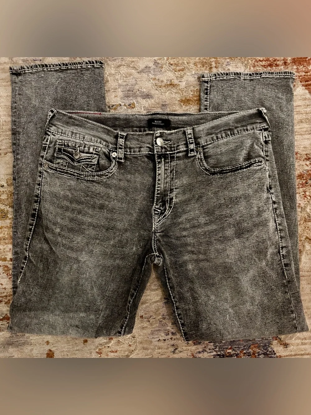 True Religion Men’s Relaxed Gray Acid-Wash Jeans